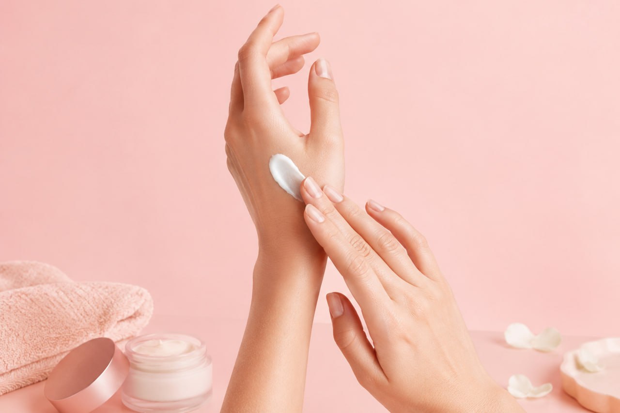 Hands with heart-shaped cream on palm